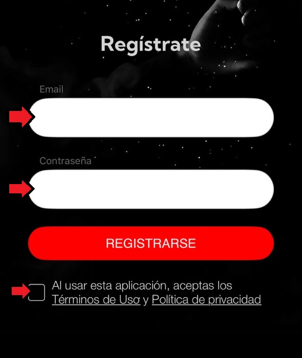 Formulario de registro con email, contrase&ntilde;a y t&eacute;rminos